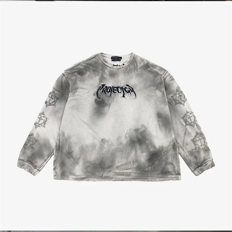 PROJECT G/R Limited Embroidery Retro Wash Old Silhouette Long Sleeve T-shirt Grey Apricot SML 240812