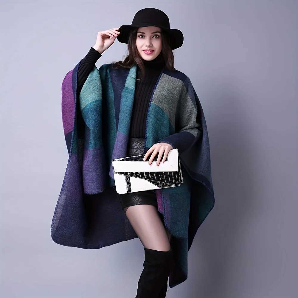 Vintage colored block shawl imitates cashmere warm bag Bohemian large blanket scarf raincoat shawl thick coat outdoor W240810