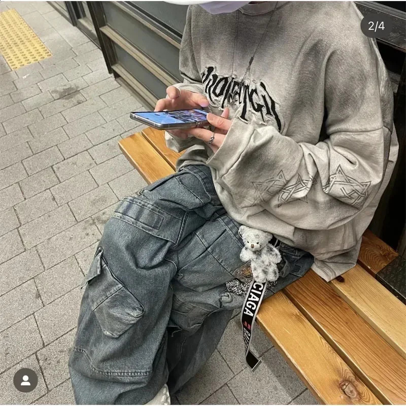 PROJECT G/R Limited Embroidery Retro Wash Old Silhouette Long Sleeve T-shirt Grey Apricot SML 240812