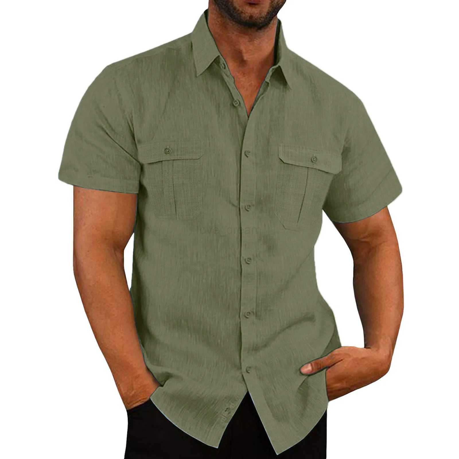 Cotton Linen Hot Sale Men Short-Sleeved Shirts Summer Solid Color Stand-Up Collar Casual Beach Style Plus SizeMale Shirts M-5XLXJ240812