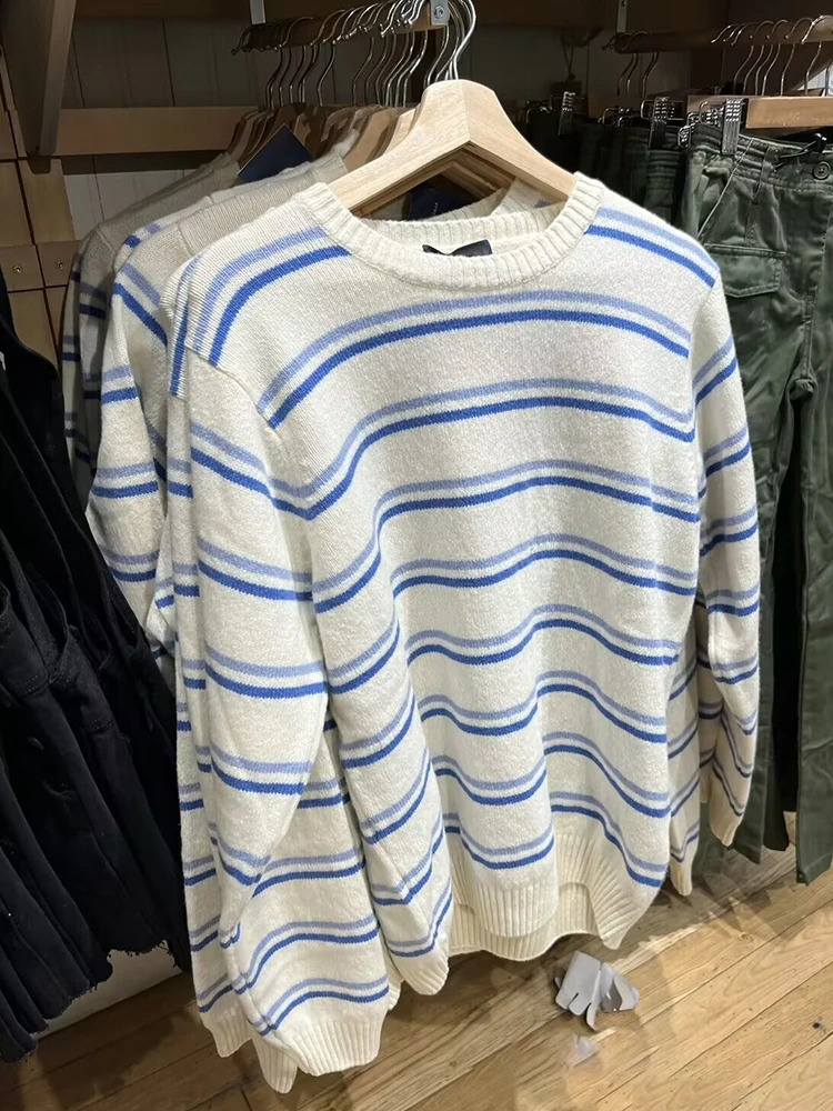Retro Striped Knit Sweaters Women Autumn Vintage Casual Soft Cotton Round Neck Long Sleeve Pullovers Harajuku Sweet Y2k Tops 240812