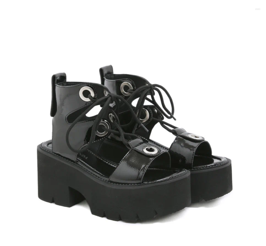 Sandals AIYKAZYSDL Lace Up Patent Leather Thick Sole Platform Wedge Heel New Shoes Creepers Women Gladiator Rome Punk