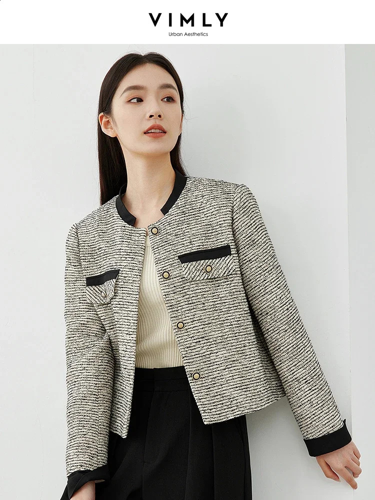 Vimly Contrast Striped Elegant Tweed Jacket Spring Black White O-neck Single Breasted Straight Short Coat Female M5197 240812