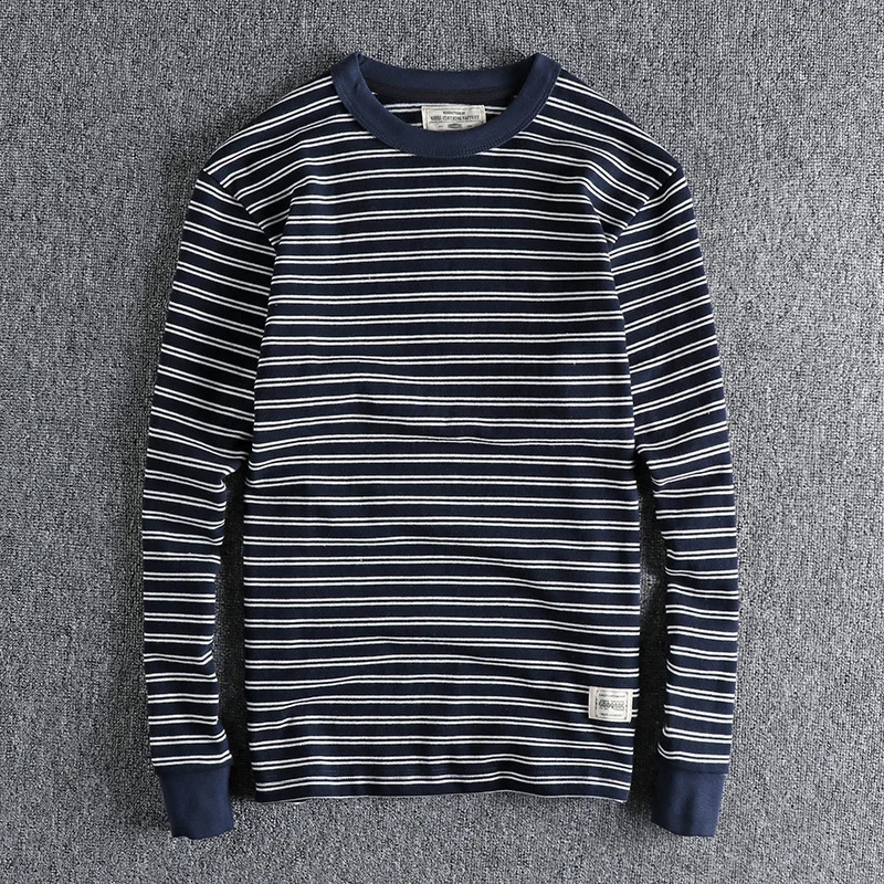 Autumn American Retro Long-sleeved O-neck Striped T-shirt Mens Fashion Simple 100% Cotton Washed Casual Sport Tops 240812