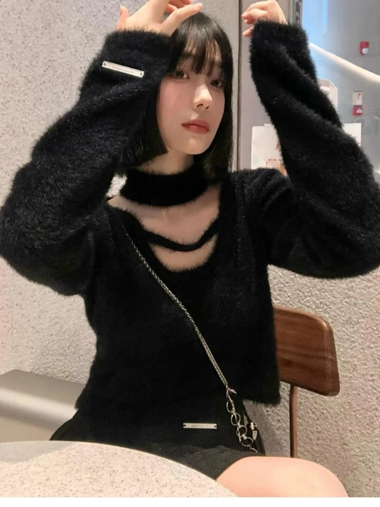 HOUZHOU Black Sexy Sweater Women High Street Hollow Out Cropp Tops Slim Chic Knitted Pullover Korean Fashion Long Sleeve Sweater 240812