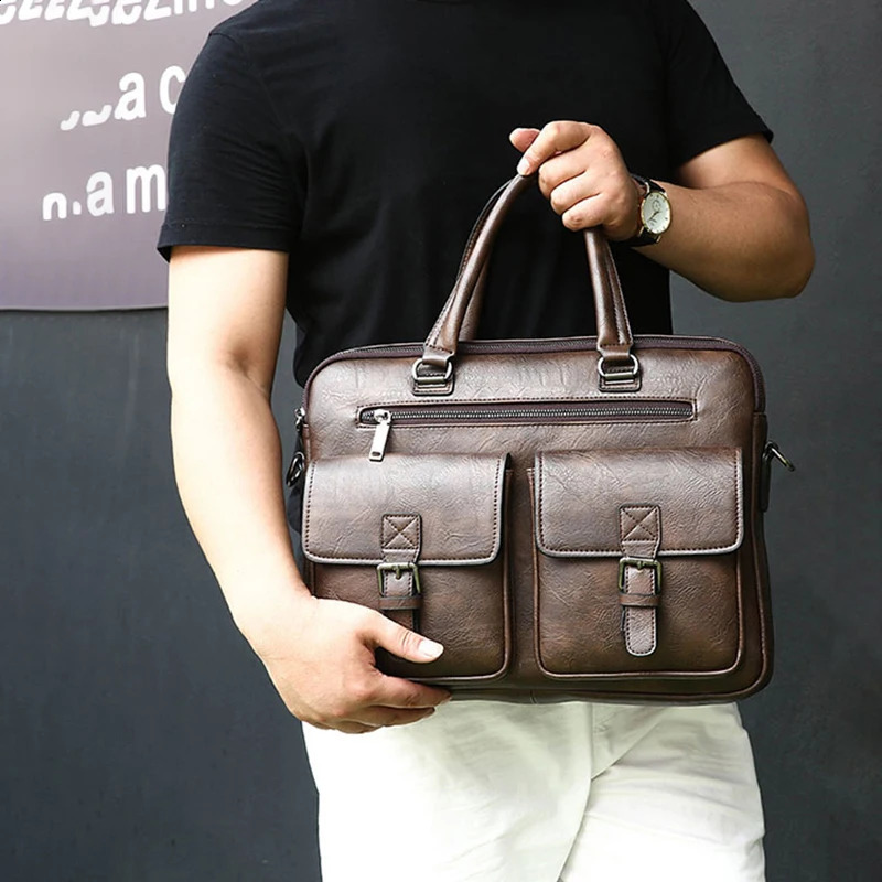 Mens administrative briefcase PU leather retro handbag mens laptop 14 messenger cross body Ita bag 240810