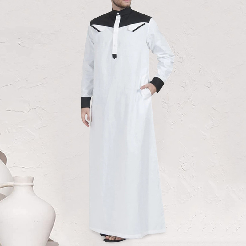 Traditional Muslim Clothing Contrast Color Dress Middle East Juba Thobe Mens Robe wLong Sleeve Mandarin Collar 240808