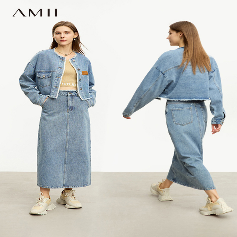 AMII Minimalist Denim Womens Dress Set Autumn Crew Collar Loose Coat Straight Leather Two Piece 12343096 240810