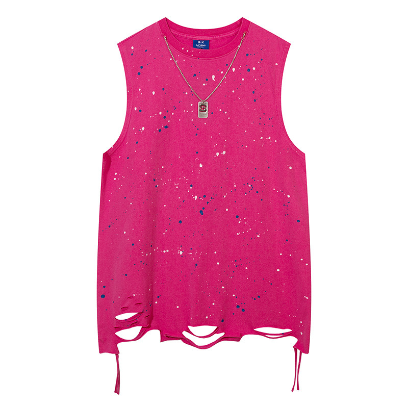 Mens Trendy Style Starry Sky Design with Splashing Ink and Chain Cut Broken Hole Bottom Abi Feng Tank Top