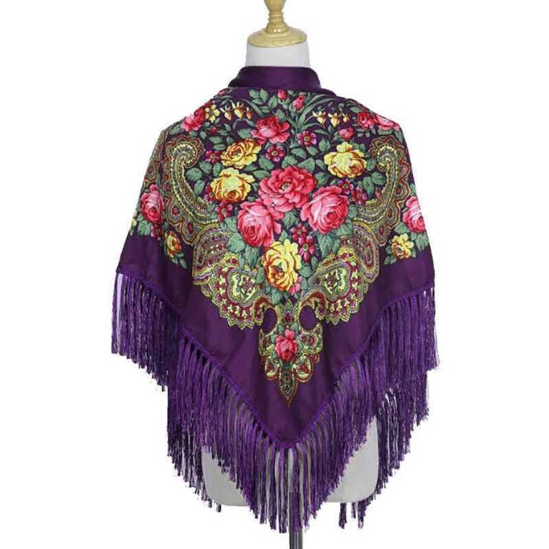 90 * 90cm Enthic Style Russian Womens Square Scarf Shawl Retro National Fringed Print Scarves Winter Womens Headscarf W240810