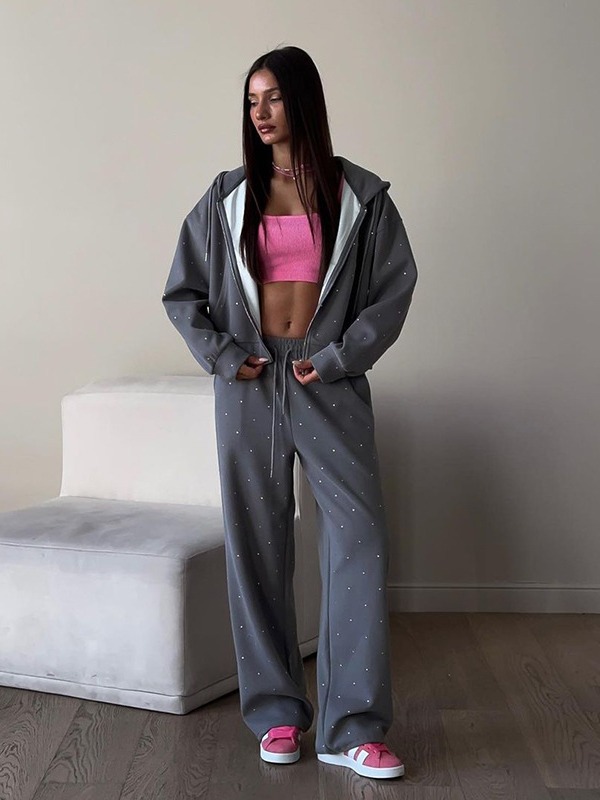 Womens Tracksuits Zip Up Hoodies + Pants Fashion Streetwear Rhinestone Hoodie Set AAA Discount for in-store purchases