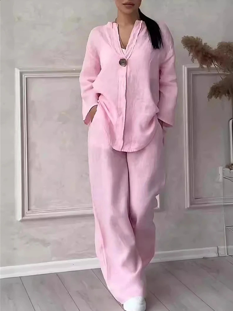 Casual Women Solid V Neck Set Fashion Autumn Spring Two Piece Cotton and Linen Sets Shirt Top Wide Leg Pant Long Sleeve Suit y240815