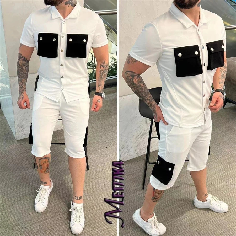 Summer Mens Short sleeved Polo Neck Shirt Shorts Casual Mens Two Piece Set 240812