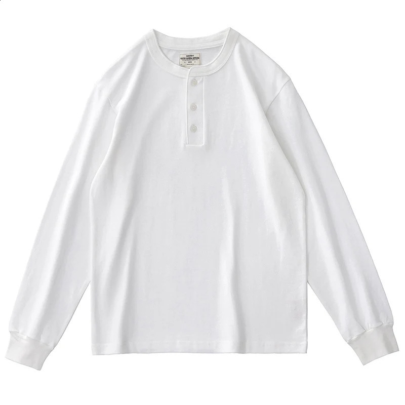 Autumn American Retro Heavyweight 280g Long Sleeve Henry Collar Solid Color T-shirt Mens Fashion Pure Cotton Washed Casual Tops 240812
