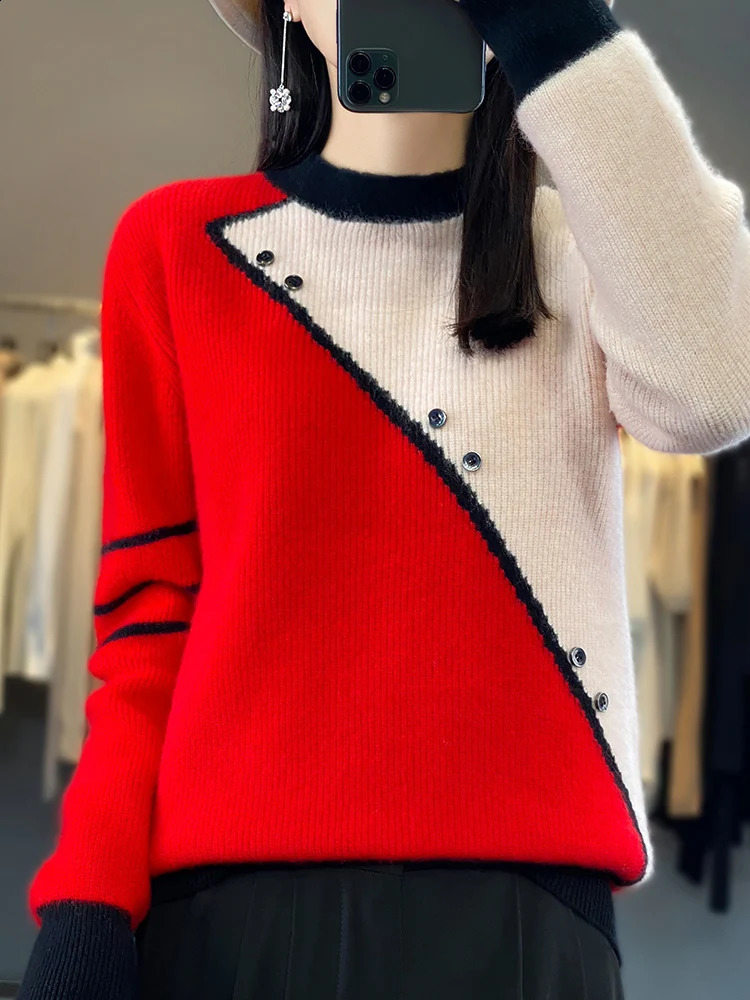 Autumn Winter 100% Wool Knitted Pullover Women O-Neck Color Match Sweater Long Sleeve Shirt Fashion Loose Warm Thick Tops 240812