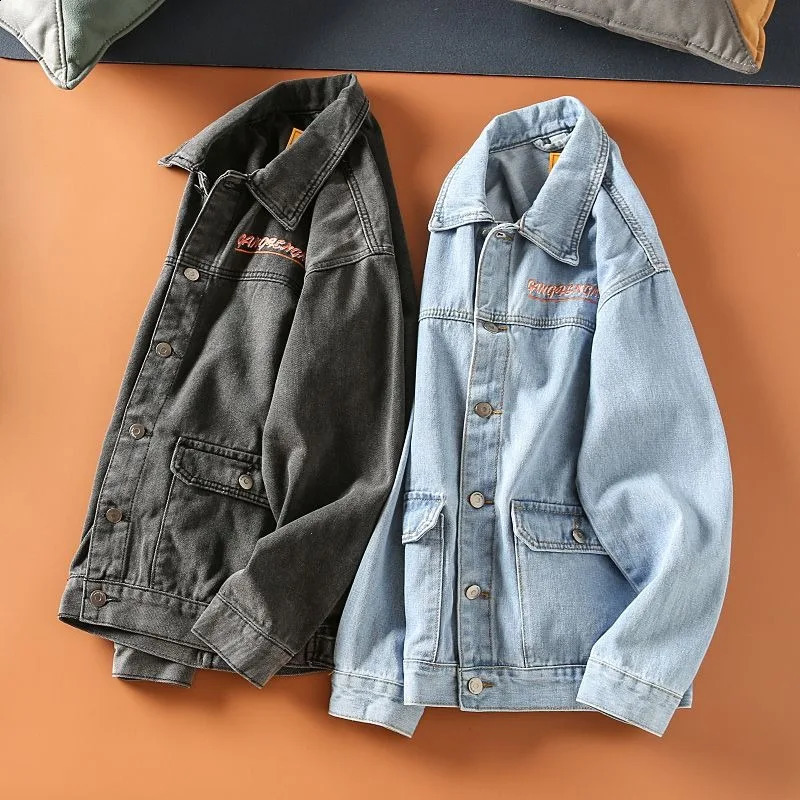Y2K Harajuku Style Fashion Washed Old Young Men Vintage Hip Hop Letters Embroidered Lapels Casual Denim Jacket 240816