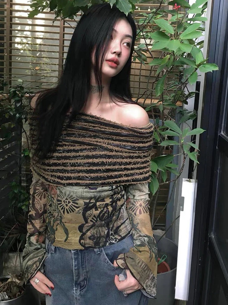 Goblincore Aesthetic Printed Shoulder T-shirt Fairy Fold Retro Y2k Patch Work Top Gothic Retro Mesh Clothing240812