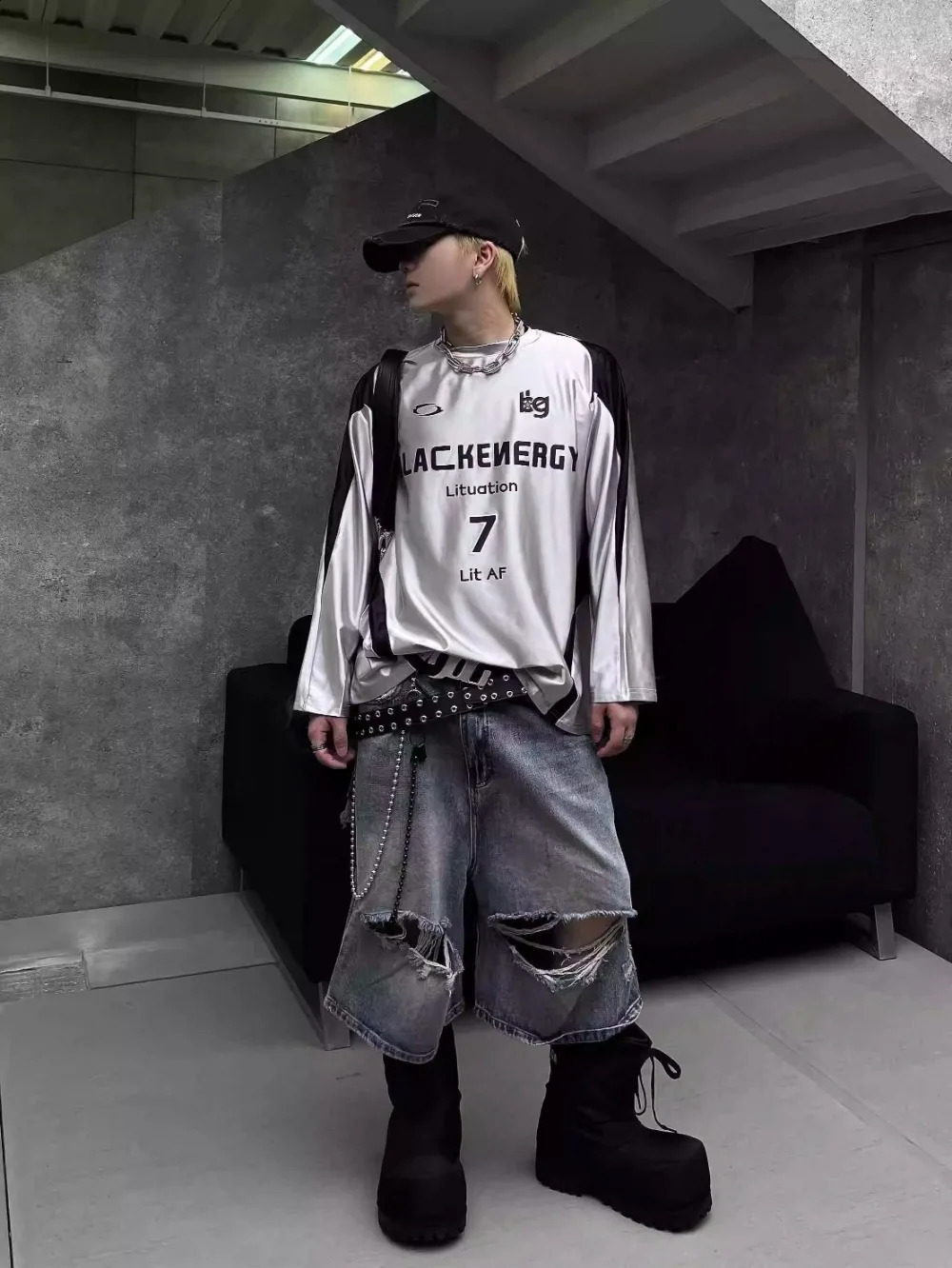 Liquid Silver Splicing Contrasting Letters Loose Long-sleeved T-shirt American Casual Street Wear Sports Top T Shirt 240807