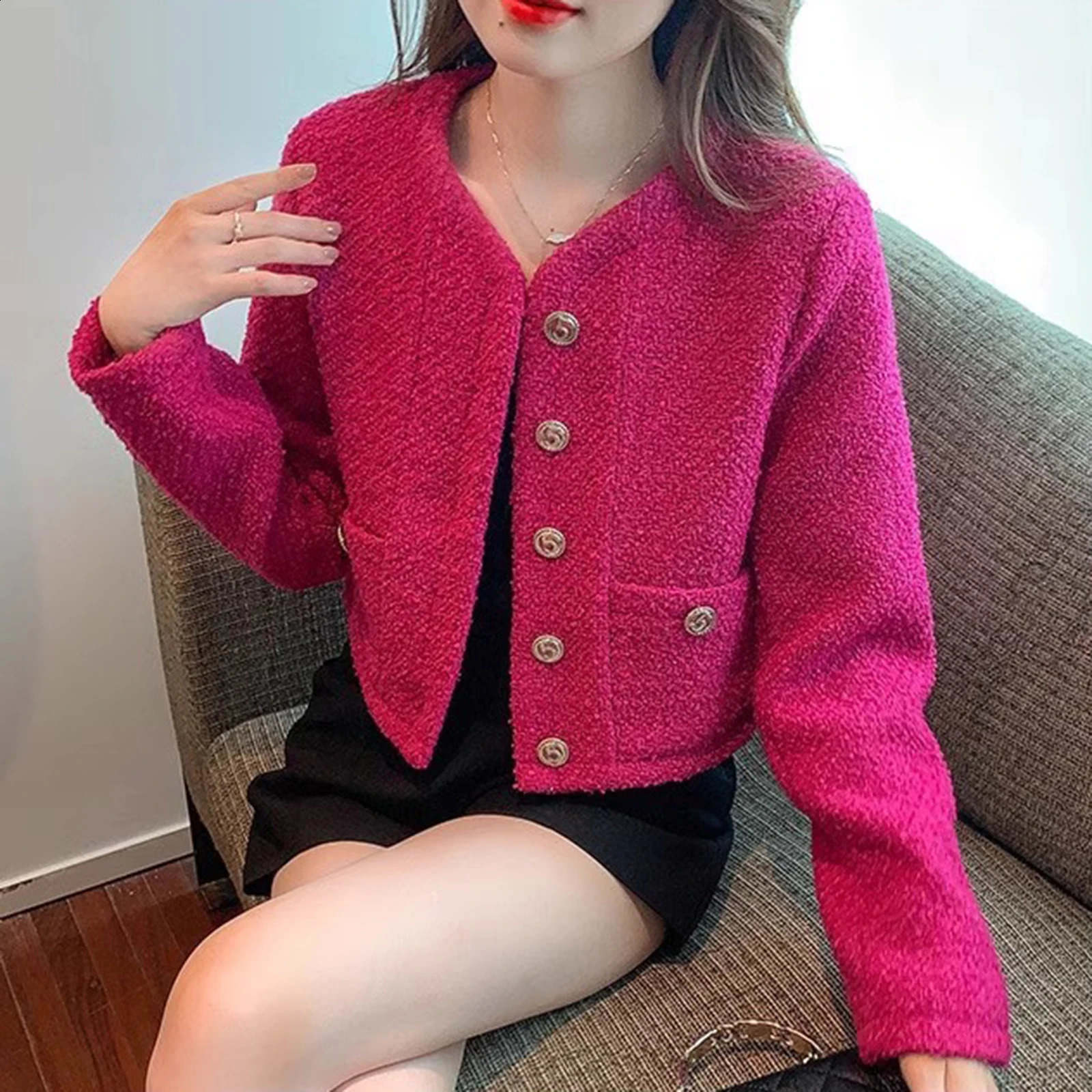 High Quality Small Fragrant Tweed Blazer Jacket for Women Pink Short O-neck Casual Coats Spring Autumn Elegant Trendy 240812