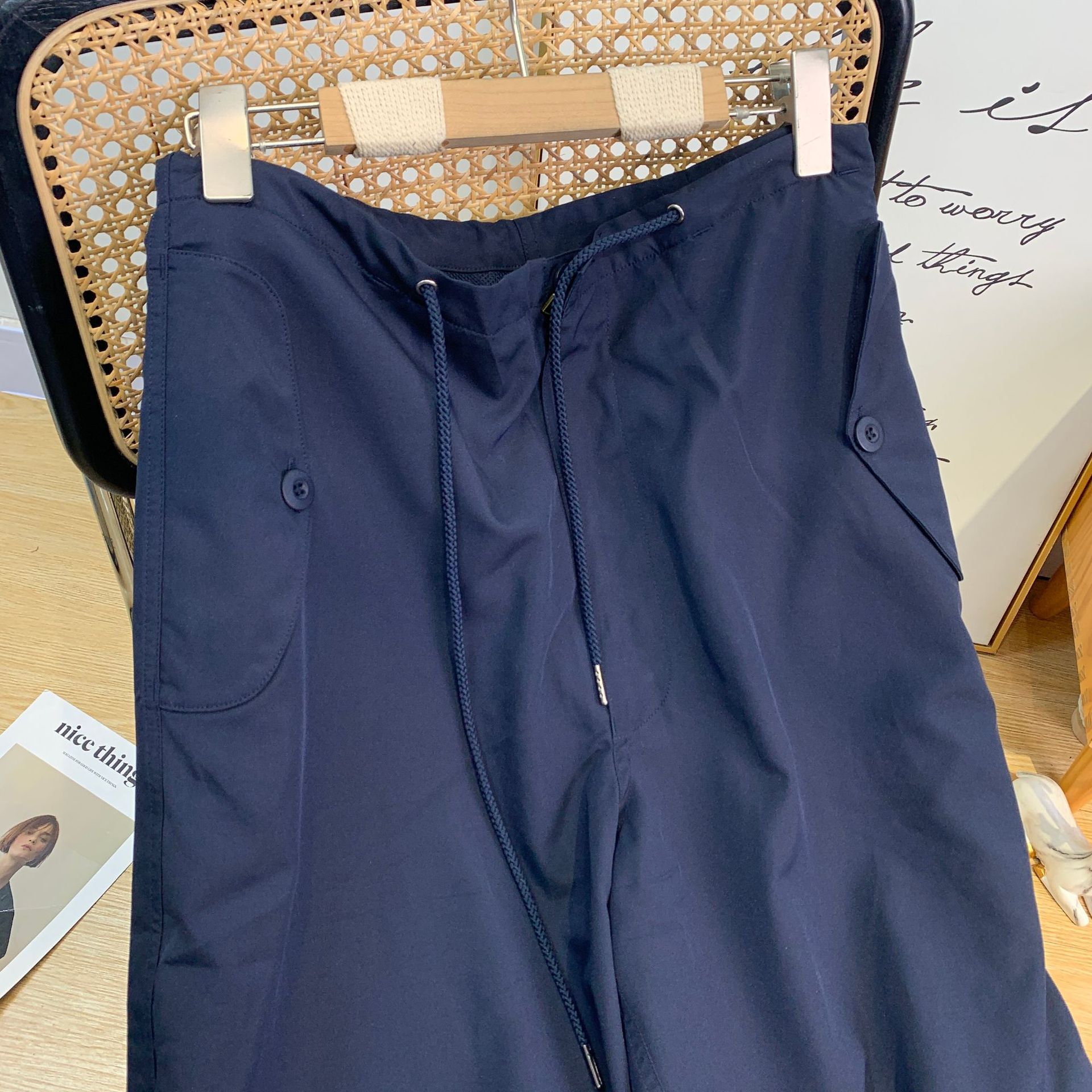 Clash navy blue vintage super loose paper bag pants temperament Hepburn style niche wide leg pants women