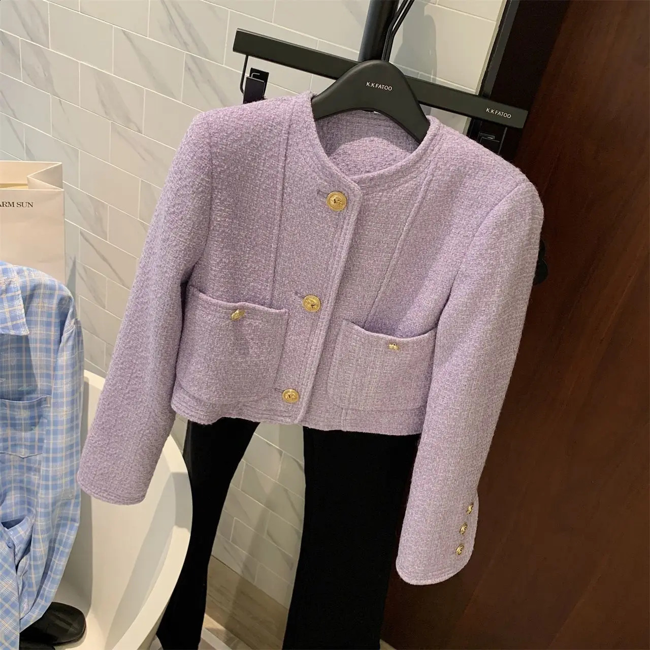 GkyocQ Korean Fashion Women Tweed Coat Candy Color Elegant O Neck Long Sleeve Buttons Short Basic Coats Jacket Outwear 240812