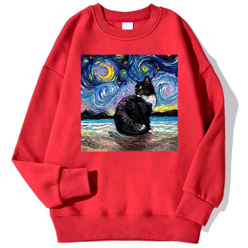 Cat Starry Sky Universe Prints Mens Sportswear Fashion Loose Autumn Hoodie Soft Wool Casual Zipper Simple O-neck DressW240724