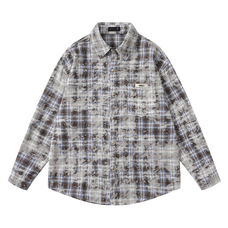 American Tie Dye Checkered Long Sleeved Shirt Mens Trendy Style Loose Fitting Couple Shirt Jacket