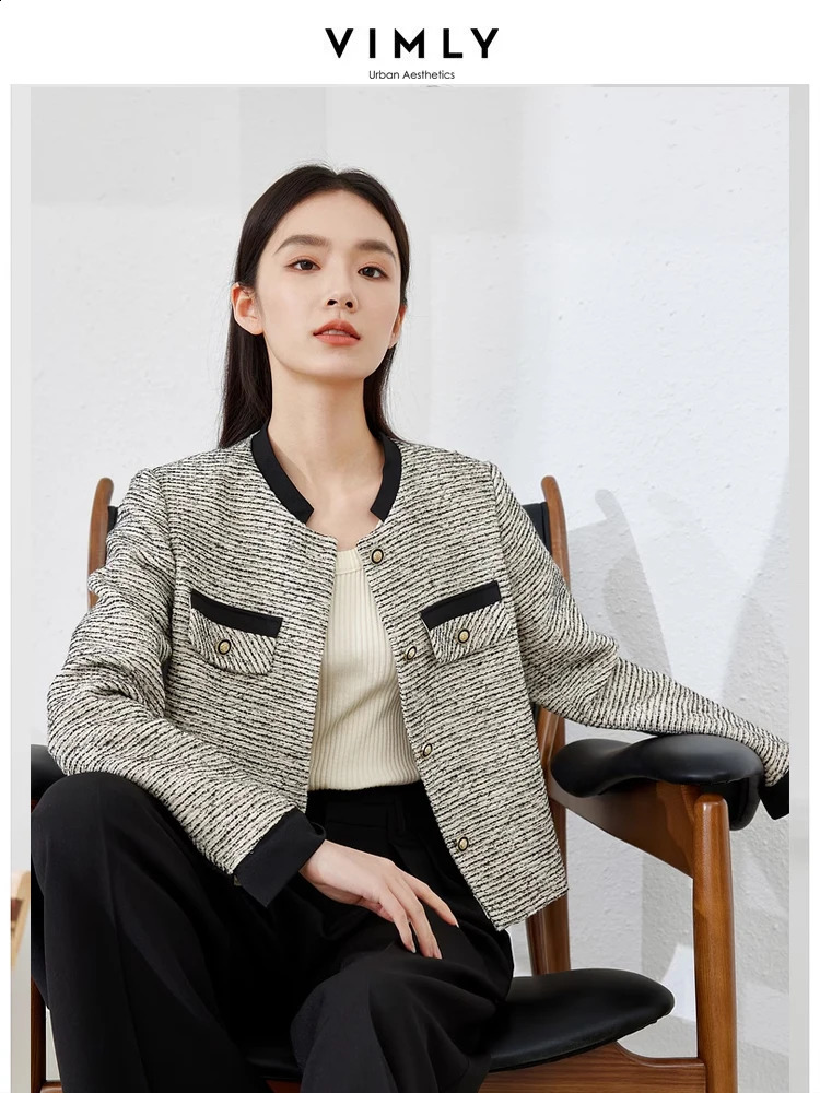 Vimly Contrast Striped Elegant Tweed Jacket Spring Black White O-neck Single Breasted Straight Short Coat Female M5197 240812