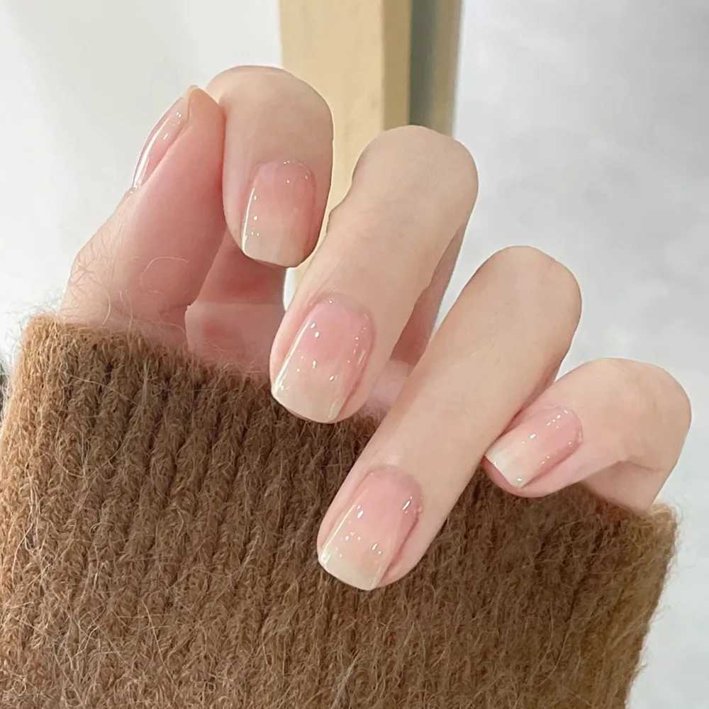24pcs simple gradient fake nails with diamond short square fake nails wearable white French press nail on finished nail tips W240810