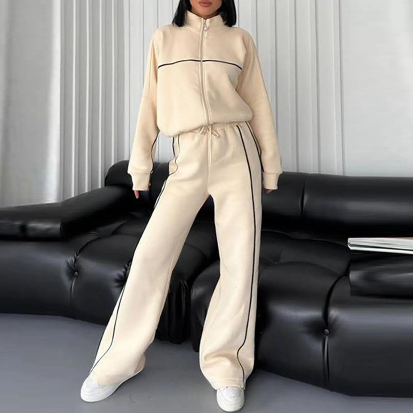 Womens Solid Color Sport Leisure Sweatshirt Casual Two Piece Suit For Autumn And Winter Dress plus Size Striped Skinny Outfit 240812