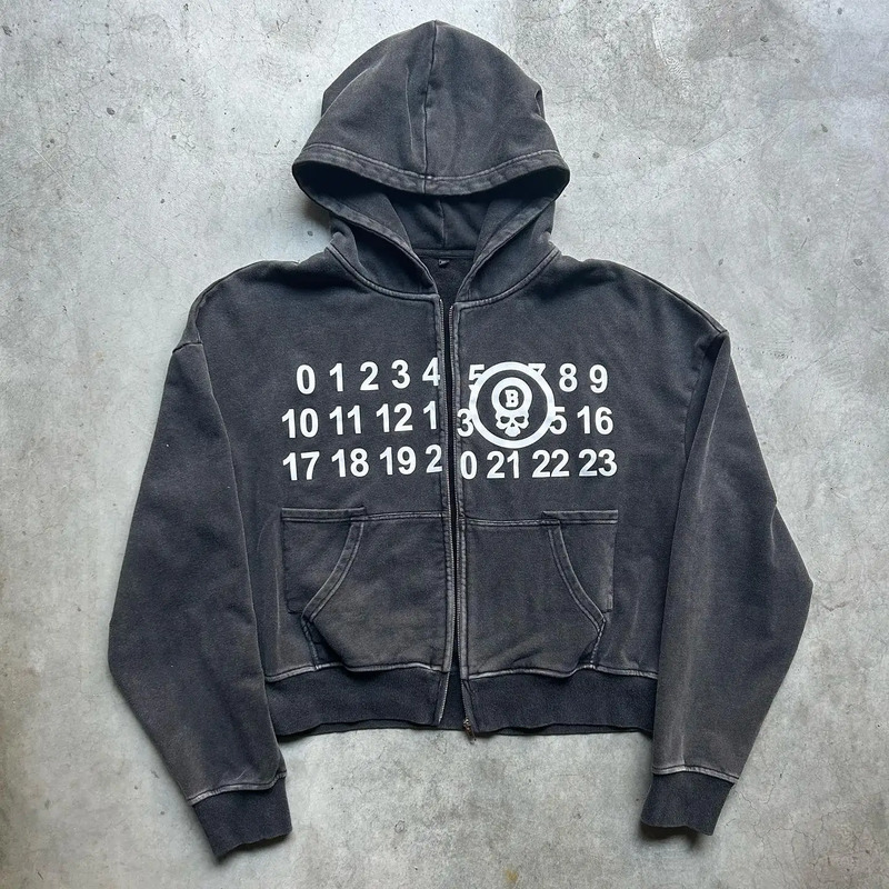 Ultra fine hoodie womens washed out skeleton printed jacket American retro zipper cardigan streetwear Y2k clothing 240809