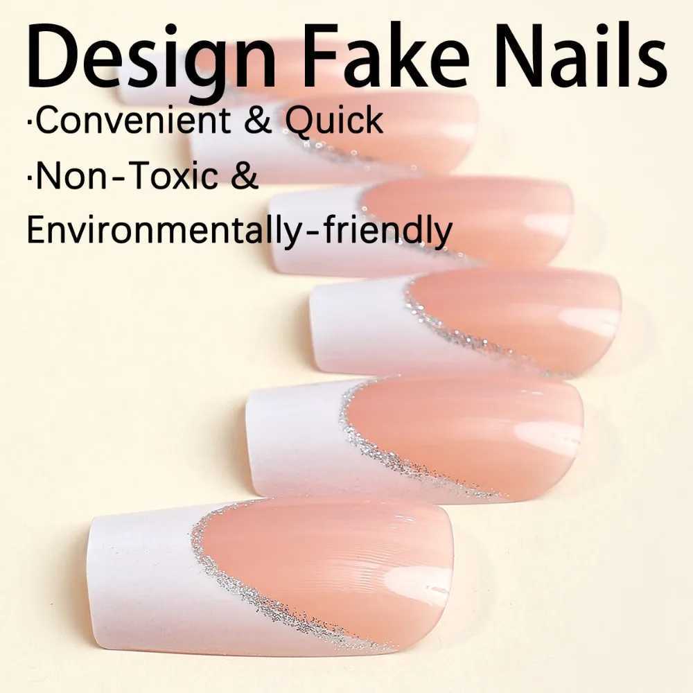 24 pieces of fake long French ballet nails set with diamonds fake nail press rhinestone artificial nails W240810