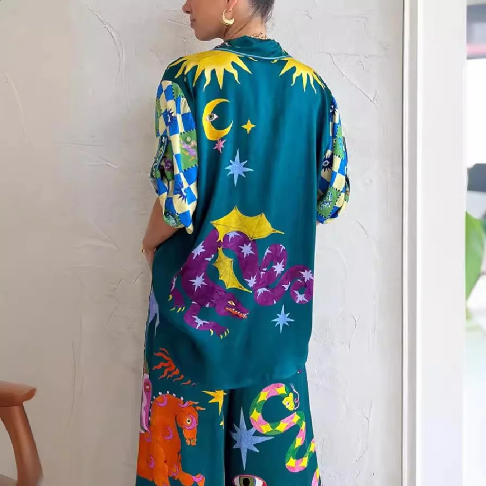 Women Printed Set Buttons Shirt Blouse Top Loose Long Pants 2 Pieces Set Lady Hawaii Spring Summer Casual Outfits Streetwear 240812