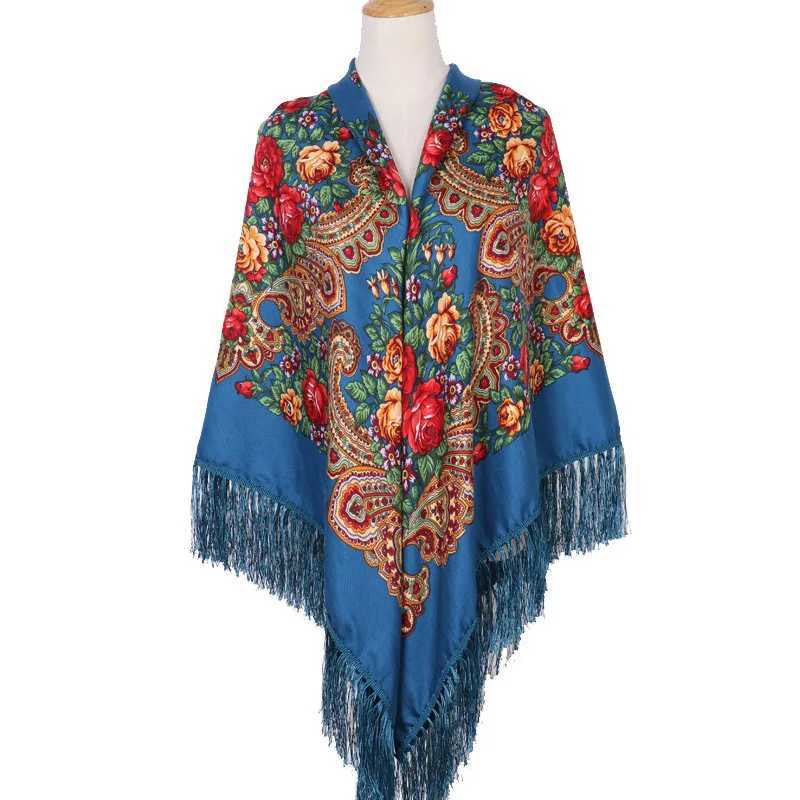 160 * 160cm Womens Russian Square Scarf Womens Shawl Tassel Flower Printed Headscarf Bag Babushka Bandana Beach Travel Carpet W240810
