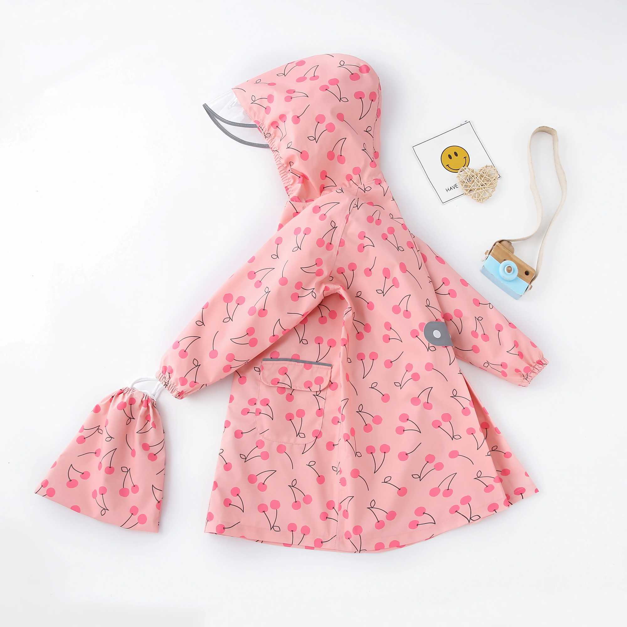 Pink Cherry Children Raincoat Childrens Rain Coat Kids Boy Girl Tour Light Waterproof Soft Rainwear Raincoats Y240810