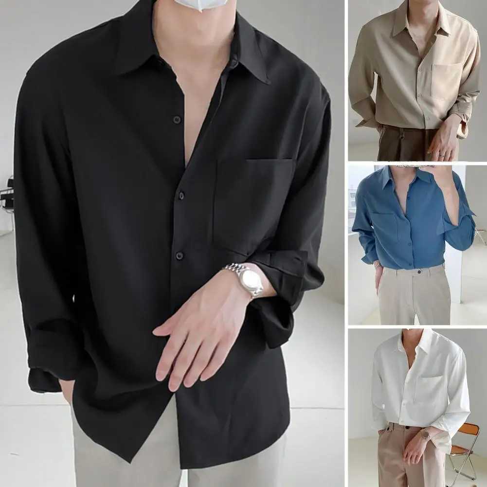 Casual Men Lapel Long Sleeve Single-breasted Patch Pocket Draped Men Shirt Slim Fit Solid Color Business Dress Shirt TopXJ240812