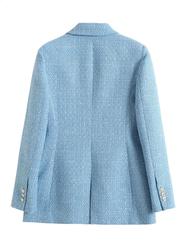 Women Fashion Blue Tweed Blazer Jacket Office Lady Double Breasted Pockets Vintage Female Coat Chic Streetwear Traje 240812