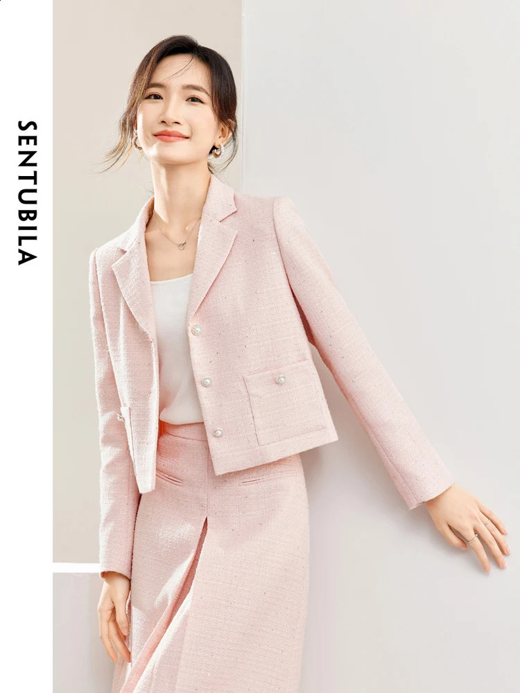 SENTUBILA Pink Elegant Cropped Tweed Jacket Spring Notched Single Breasted Straight Blazer Coat Women Outerwear 141W53603 240812