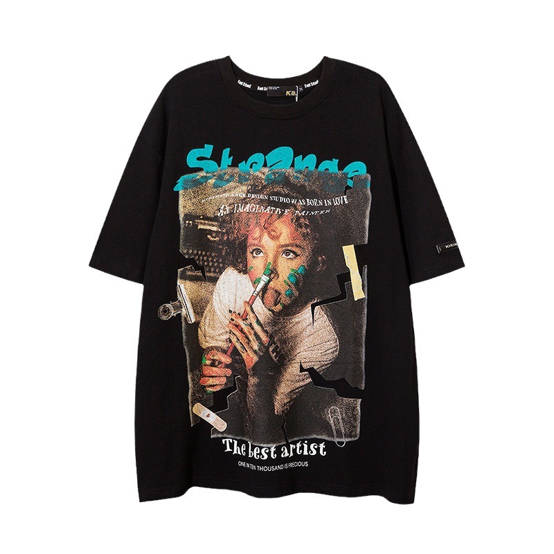 Mens American Ins High Street Short Sleeved T-shirt Mens and Womens Trendy Style 24ss Loose Street Five Quarter Sleeve