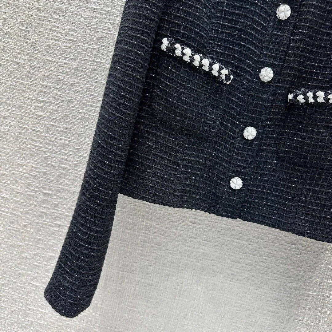 Runway fashion n black plain weave coarse woolen jacket womens retro Oneck lantern sleeve single chest pocket fashionable short 240808