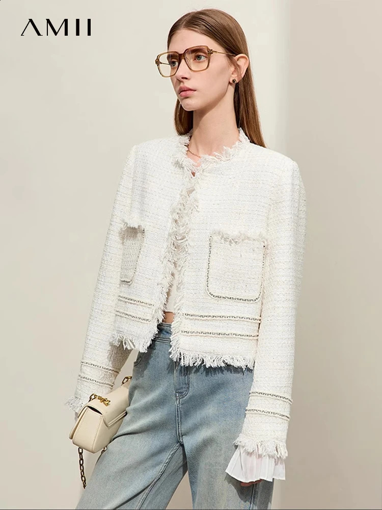 AMII Minimalism Chambray Womens Tweed Short Jackets Spring Tassel Spliced Pleated Cuffs Straight Retro Coats 12411008 240812