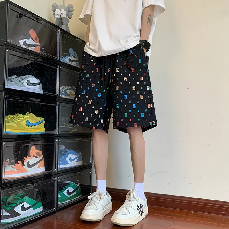 Summer Cotton Shorts Men Colorful Plaid Shorts Men Streetwear Hip-hop Loose Hollow Out Shorts Mens Beach Shorts Large Size 5XL 240812
