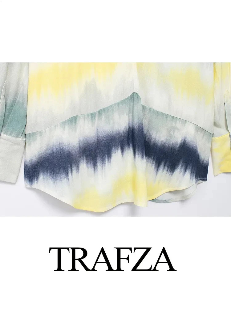 TRAFZA Women Printed Tied Pants Sets 2024 Tie Dye Long Sleeves Single Breasted ShirtsElastic Waist LaceUp Wide Leg TRAF y240815