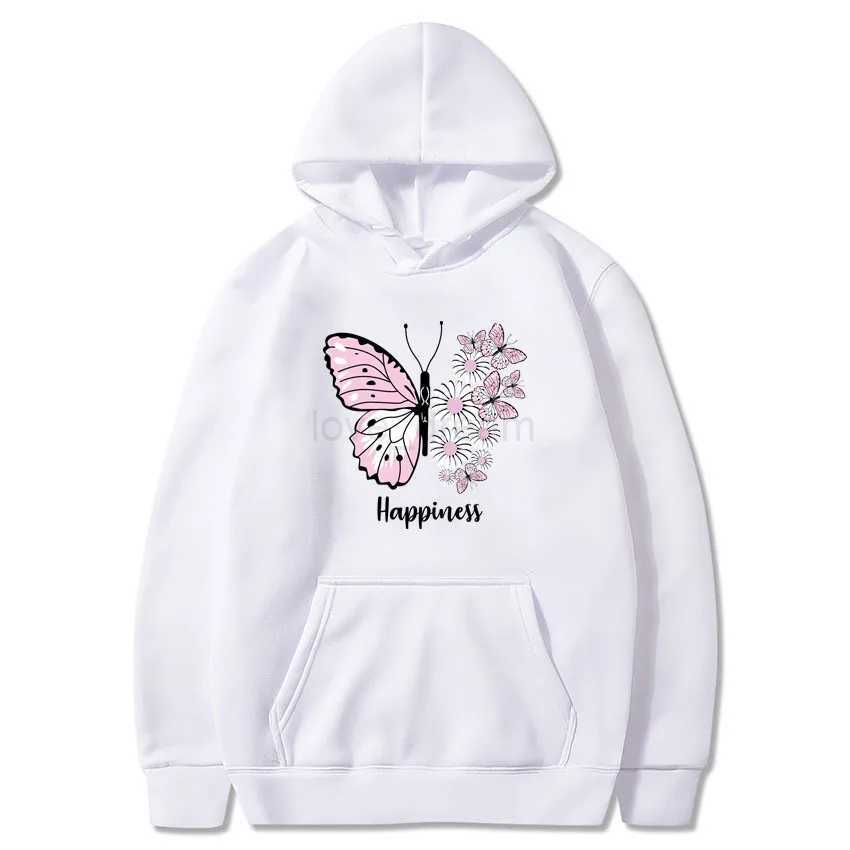 Mens and Womens Unisex Butterfly Print Pullover Casual Hooded Pocket Sweatshirt Black XS-4XLXJ240812