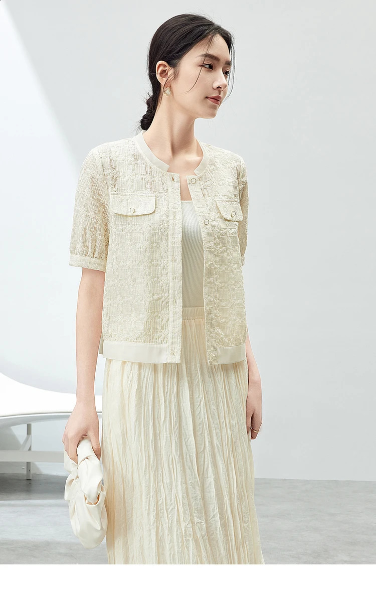 Sentubila Elegant Tweed Single Breasted Cropped Coat Woman Summer Light Apricot Round Neck Short Sleeve Top 142W54251 240812