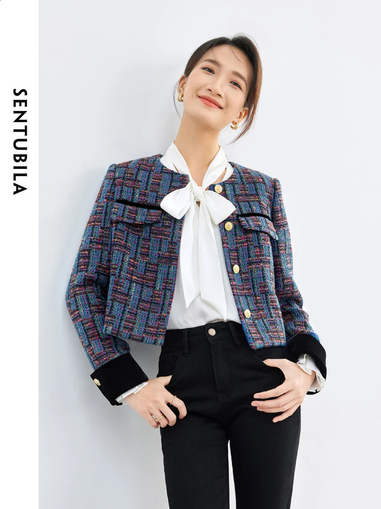 SENTUBILA Vintage Contrast Cropped Tweed Jacket Women Spring Fashion Ladies Contrast Round Neck Short Coat Woman 141W53206 240812