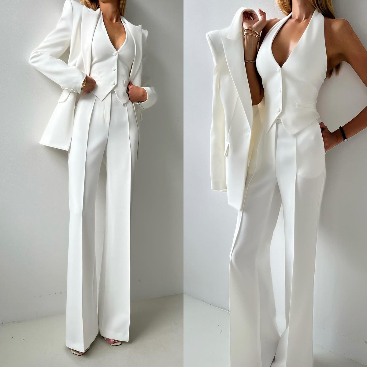 White Women Wedding Pants Suits Slim Fit Ladies Prom Evening Birthday Party Guest Formal Wear Custom Made 3 Pieces