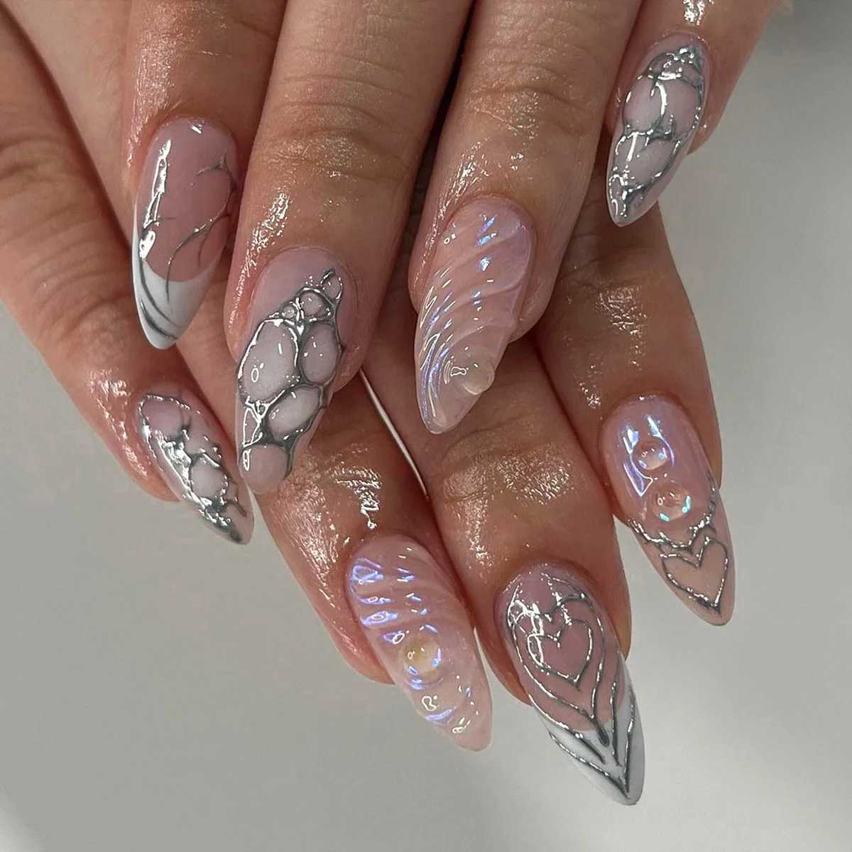 24pcs gradient pink fake nails long almond fake nails pearl sparkling design wearable handmade nail tip pressXJ250327