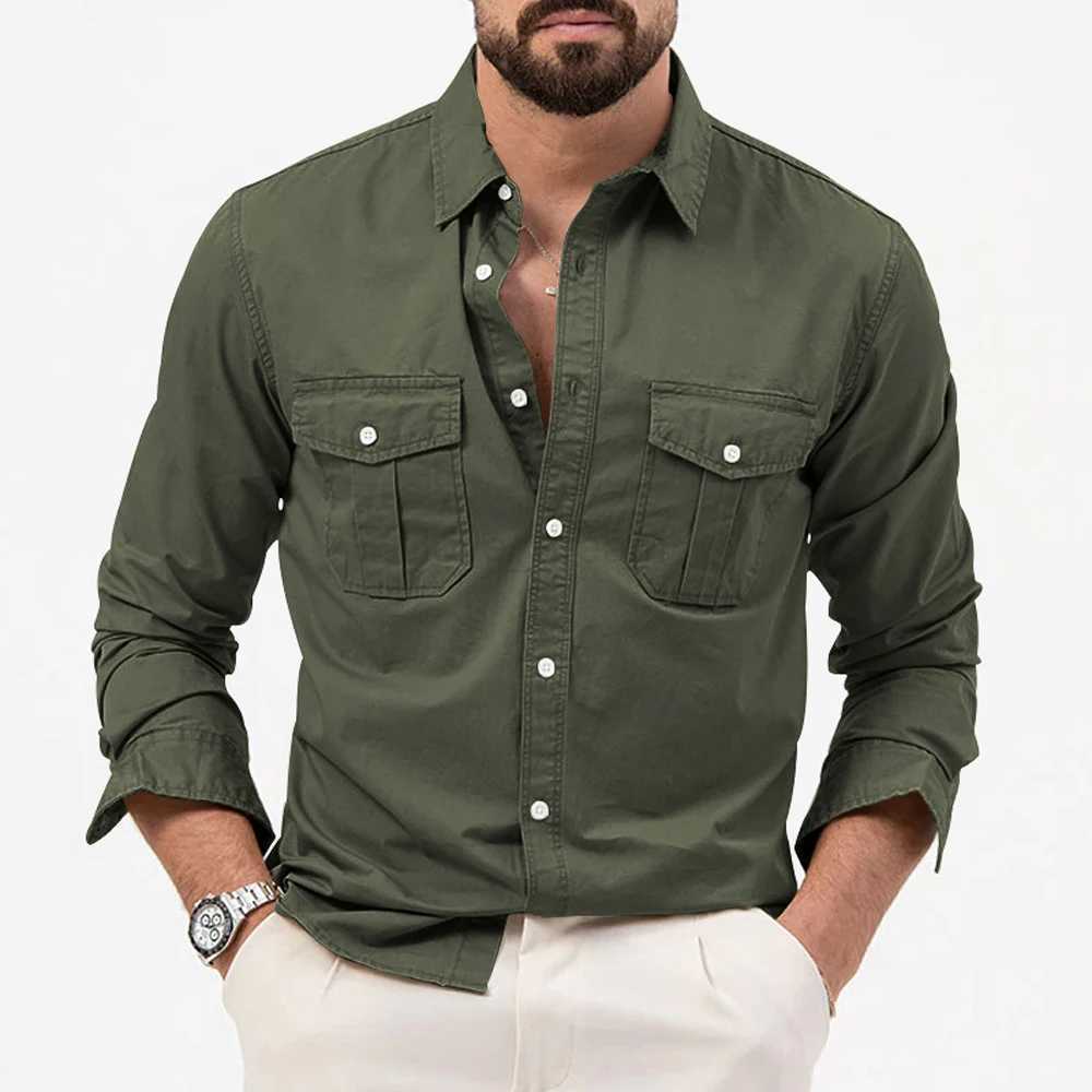Mens Casual Shirt Fashion Solid Color Long Sleeve Multi-pocket Lapel Button Military Tactical Shirt Holiday Party Casual ShirtXJ240812