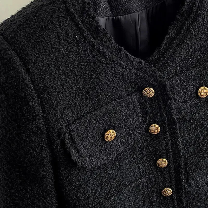 Spring Autumn Womens Jacket Tweed Blazer Vintage Long Sleeve Button Korean Chic Short Coat Black Office Lady Clothing 240812
